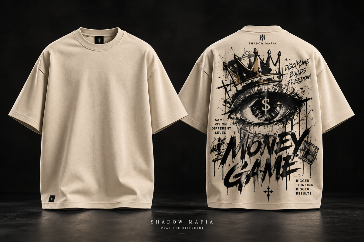 Shadow Mafia Money Game cream oversized streetwear T-shirt front and back